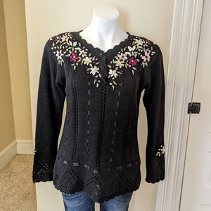 Vintage Capacity Petite black sweater with ribbon embroidery flowers size SP